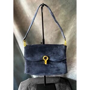 Nicholas Reich Vintage Navy Blue Suede Shoulder Bag Gold Turn Lock Closure
